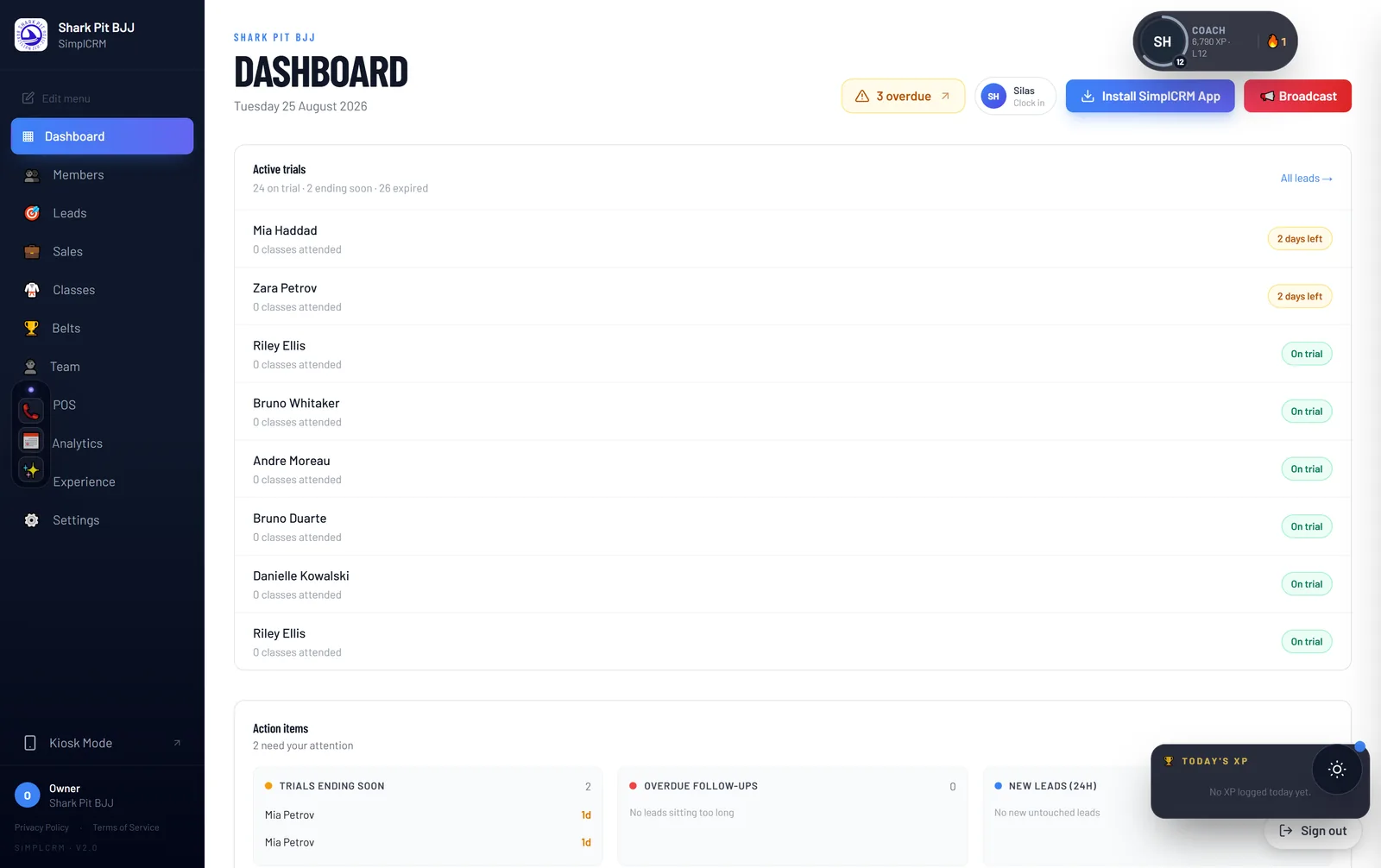 The PlungeOps dashboard showing active trials, action items and gym KPIs