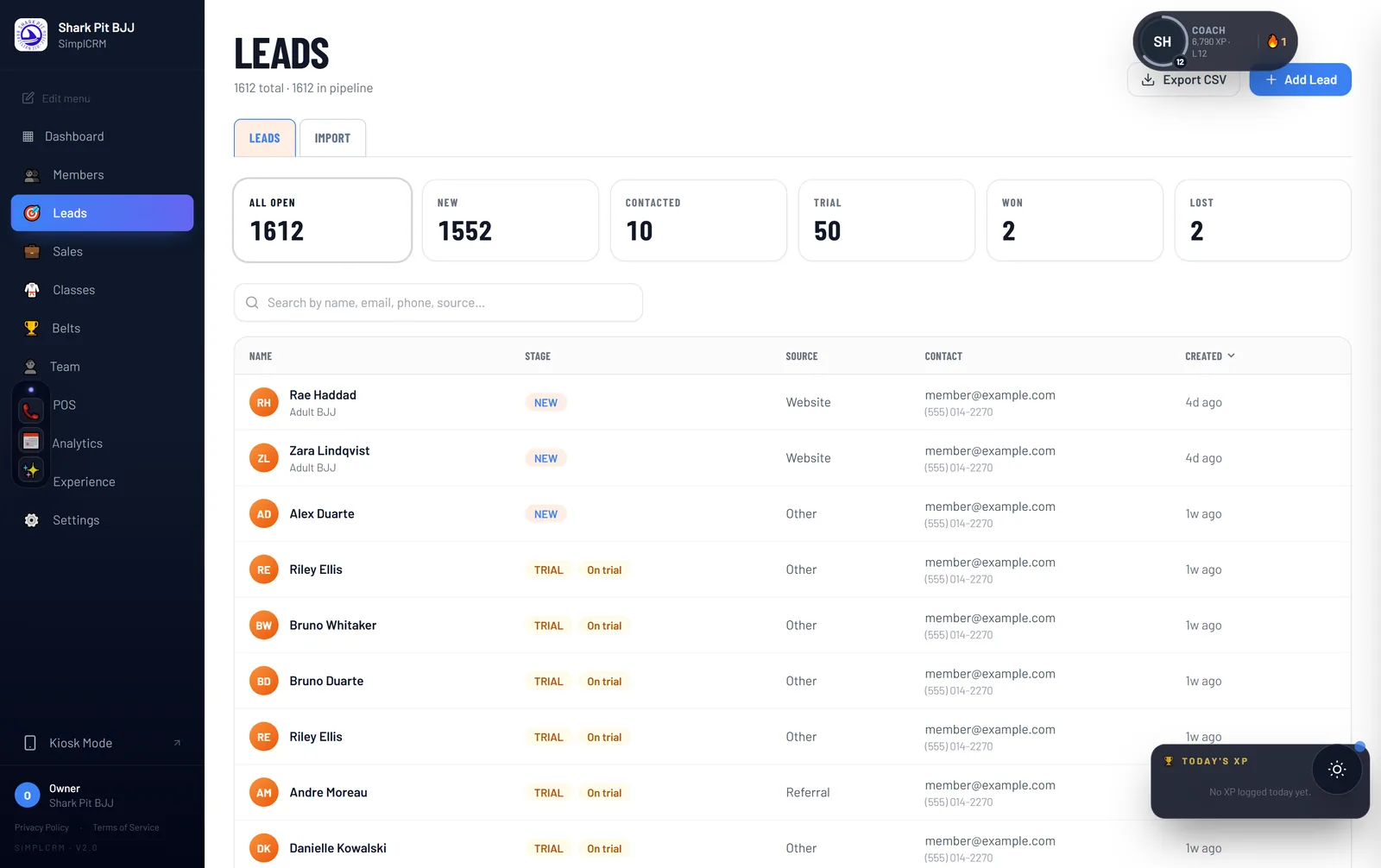 PlungeOps leads pipeline showing lead stages and follow-up tasks