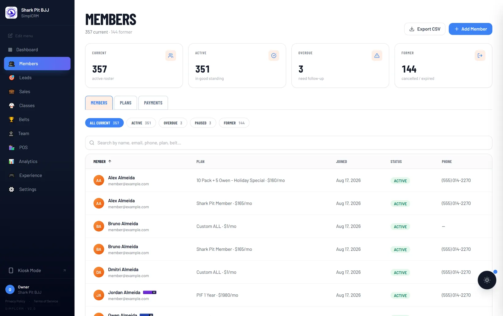 PlungeOps member roster with belt ranks and plan status